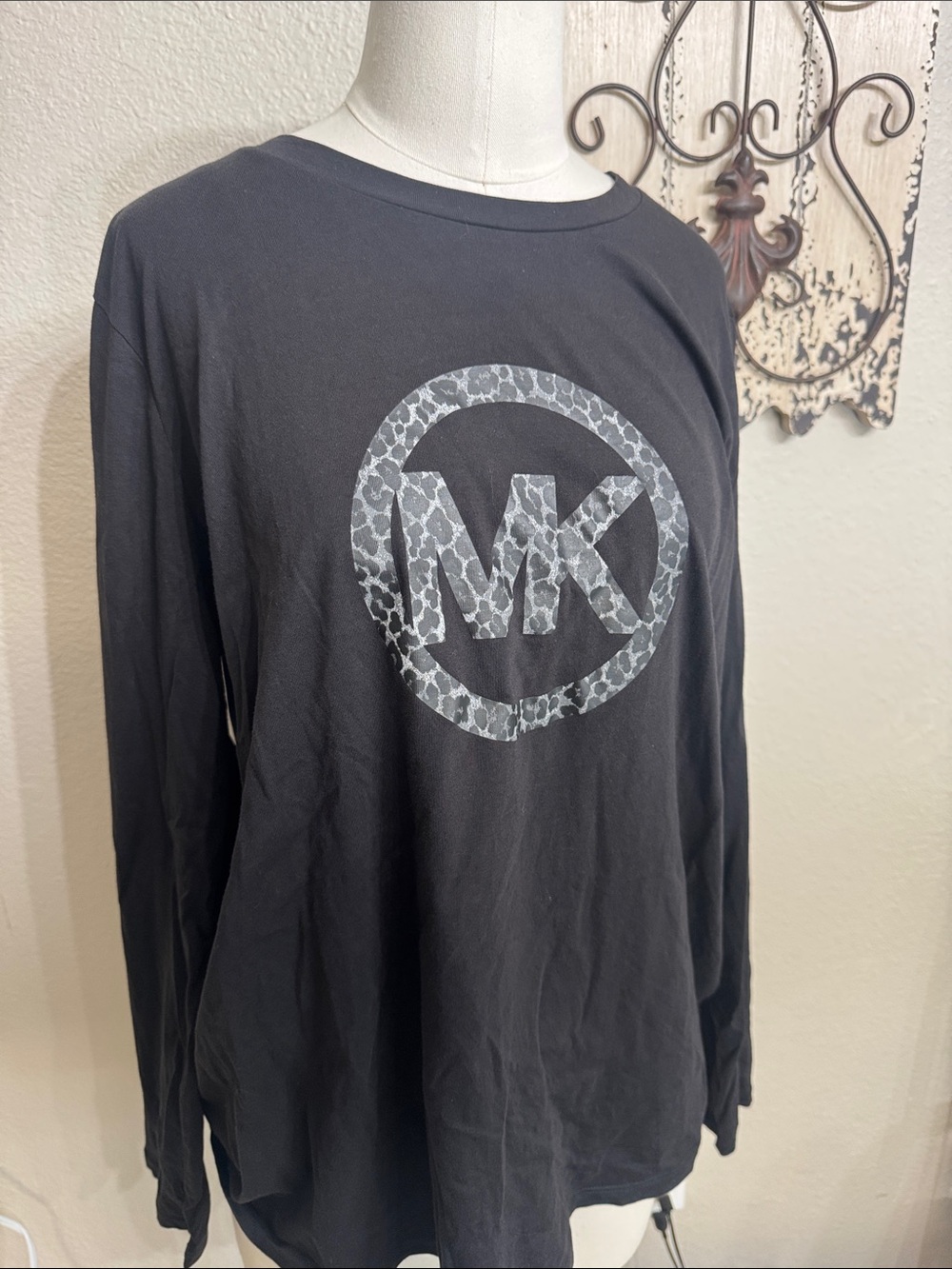 Michael Kors Black Long Sleeve Tee with Gray Leopard MK Emblem